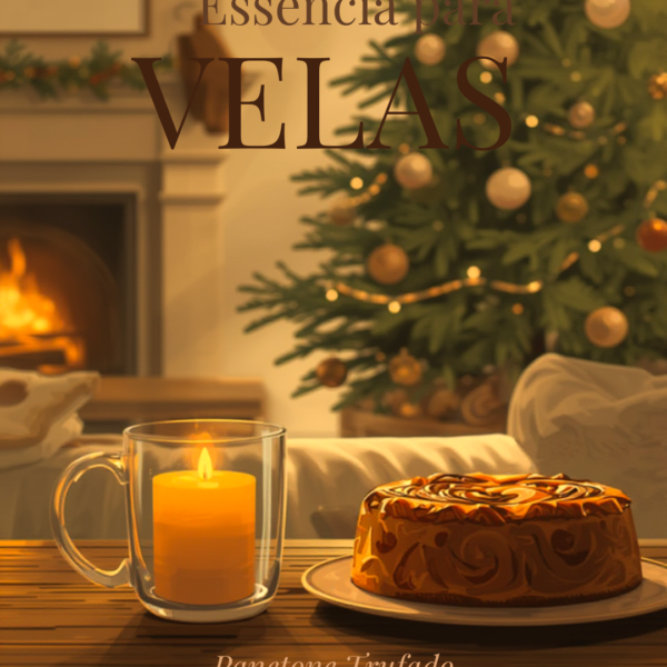 Frasco de Essência Panetone Trufado ao lado de uma vela artesanal decorada para o Natal