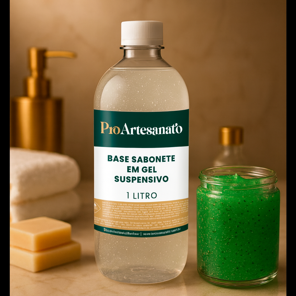Frasco de Base Sabonete Gel Suspensivo de 1 litro sobre superfície branca.